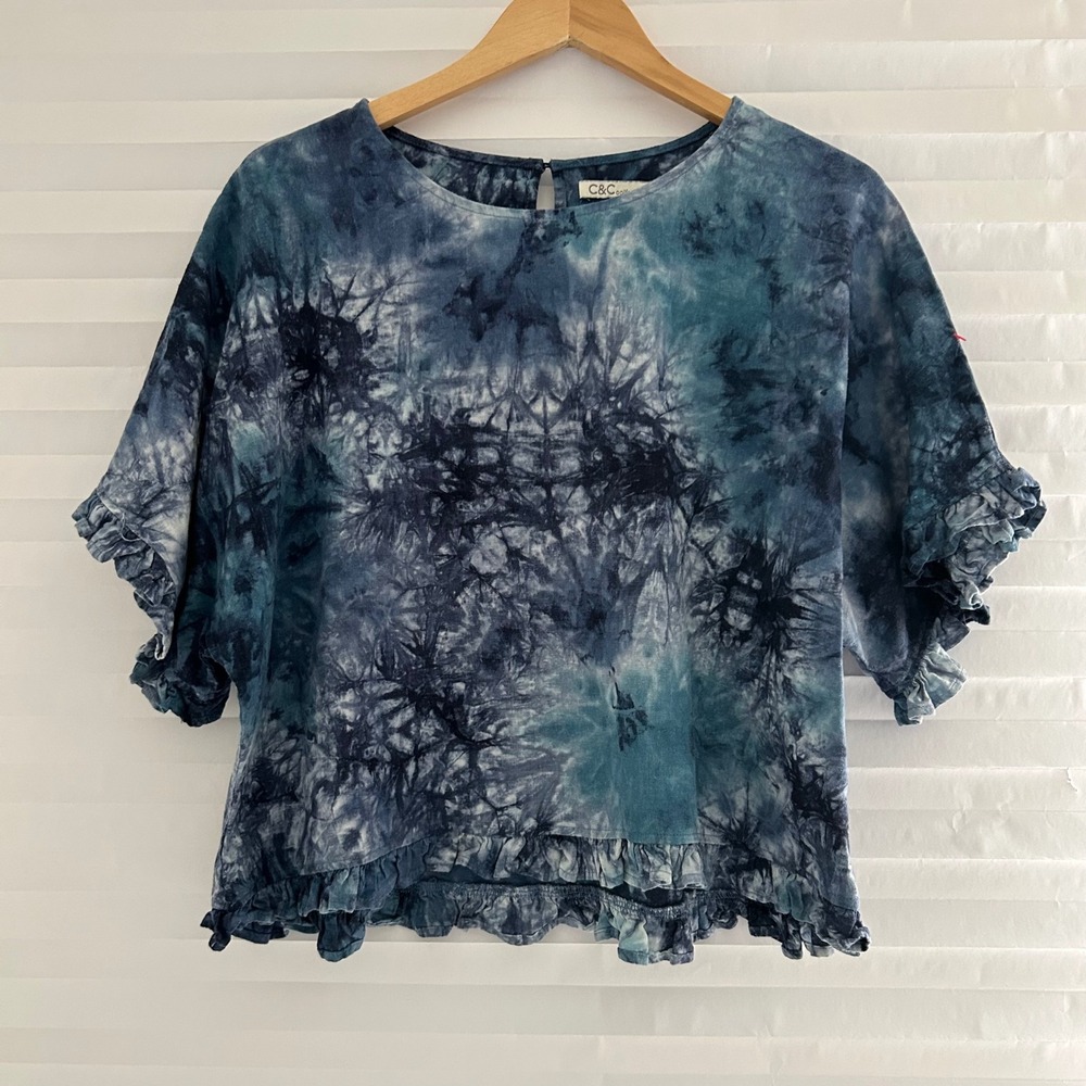 C&C California Womens XL Blue Tie Dye Linen Blend Ruffle Hem Blouse Top